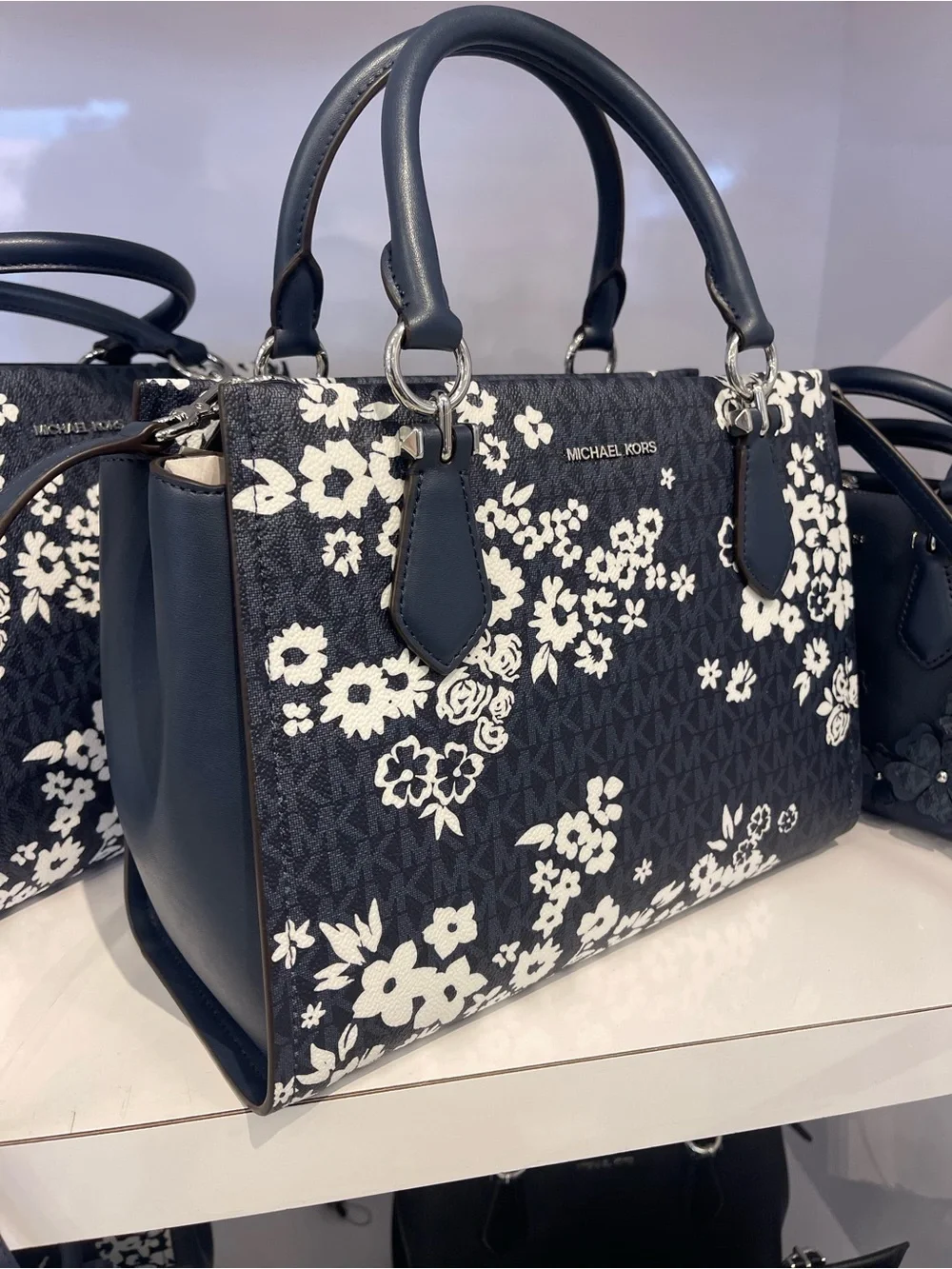 MICHAEL KORS Marilyn Md PrintedSignature Logo Satchel Crossbody  Admiral  NWT